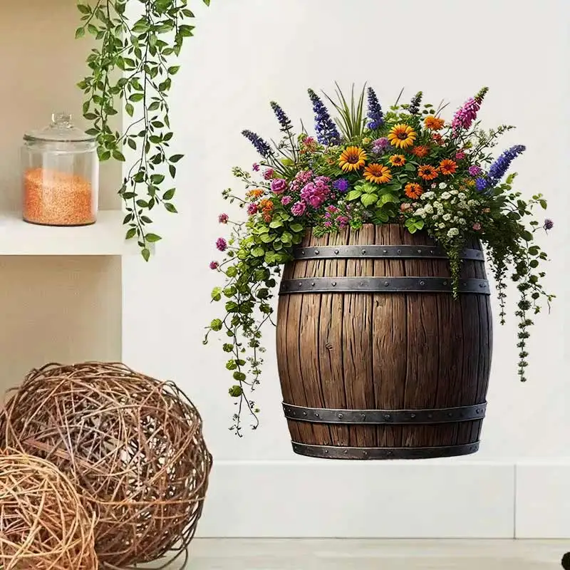 Floral Barrel Vibrant Botanical Art Wall Sticker Bathroom Toilet Decor Living Room Cabinet Refrigerator Home Decoration S845