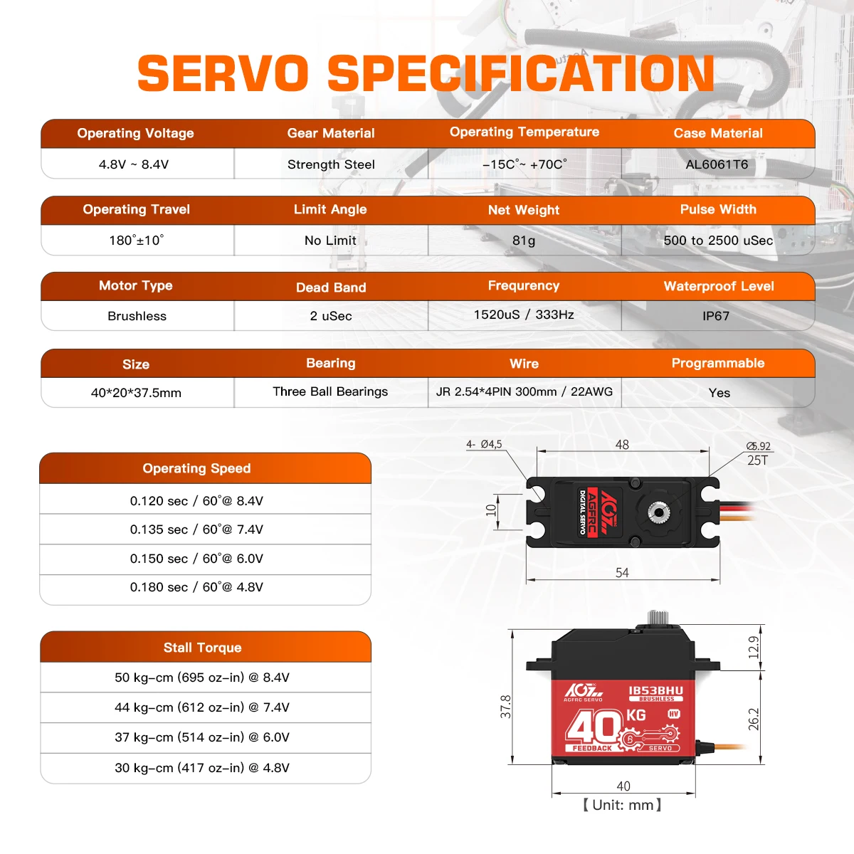 AGFRC IB53BHU Position Feedback Servo 40KG High Torque Programmable Full Metal Gear Standard Digital Steering Motor RC Servo