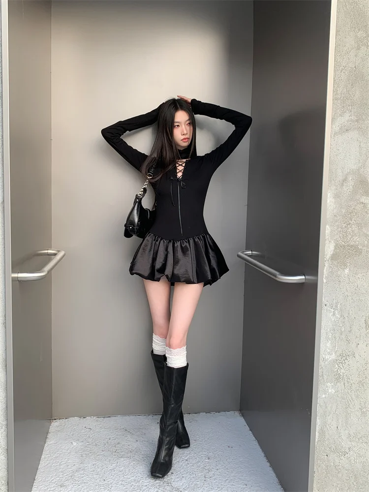 Abito da ballo corto nero gotico con bocciolo corto per donna Mini abiti corti con fasciatura montata sul collo stile punk vintage Party Night Vestido