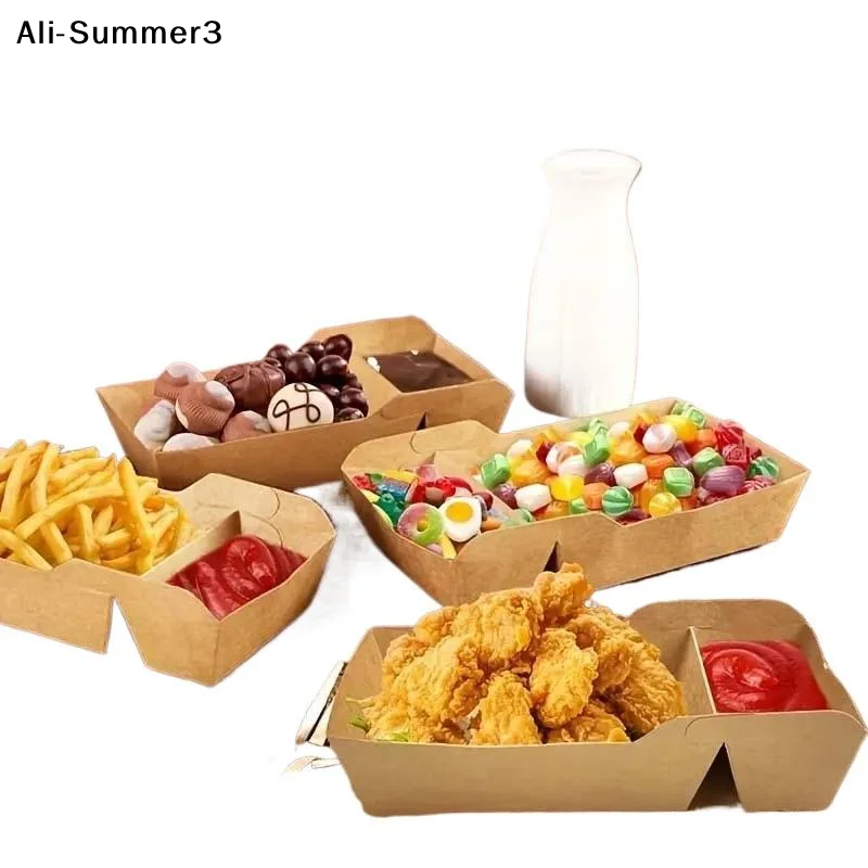 【Sum3】50Pcs Disposable Kraft Paper Food Serving Tray Two Grids Snack  Fries Chicken Salad Carton Take Out Containers For Party