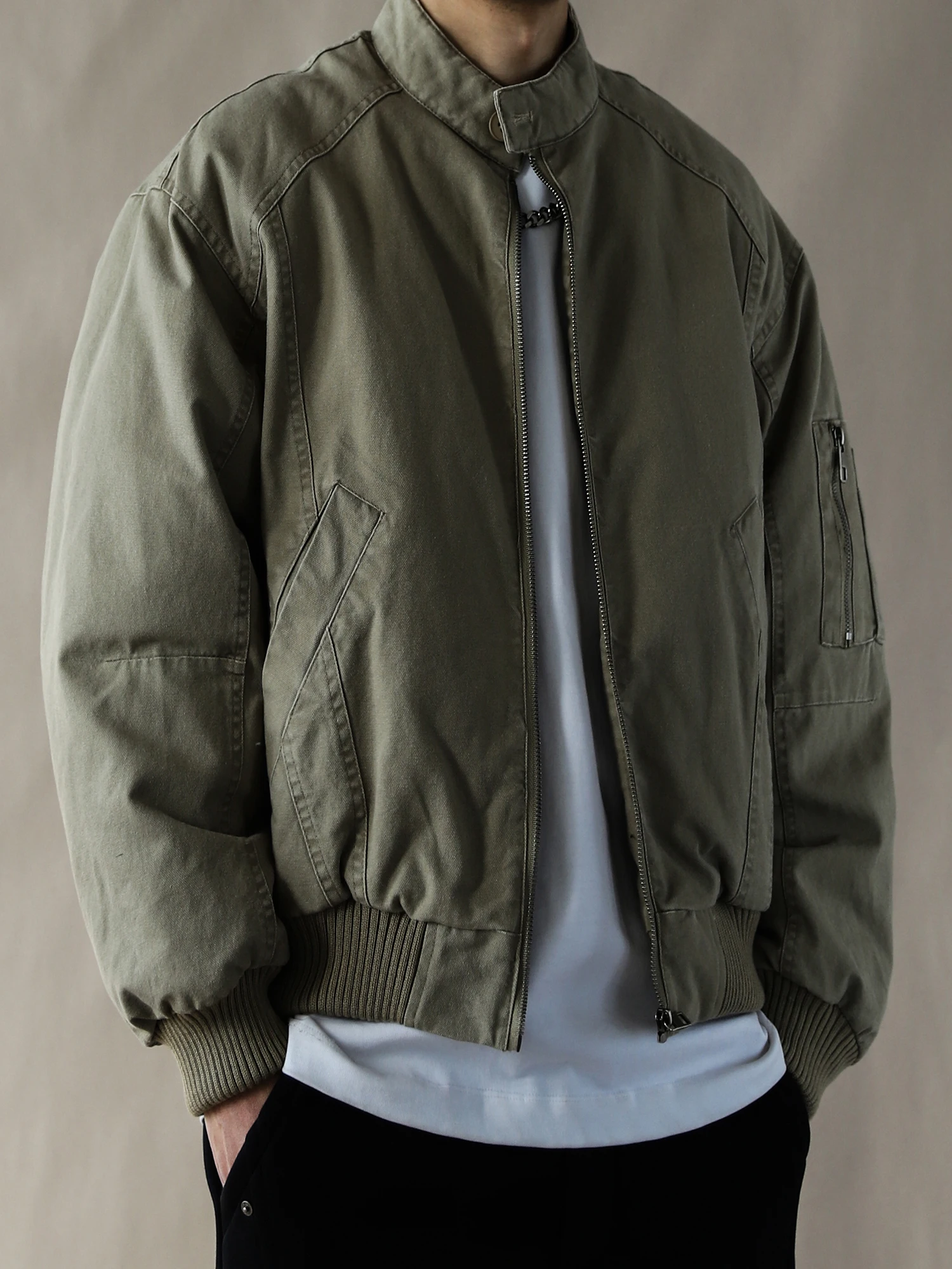 

Ретро-куртка мужская пуховая в американском стиле с воротником-стойкой на молнии, цвет хаки, осенне-зимняя, уличная, повседневная, из хлопка, с наполнителем из пуха