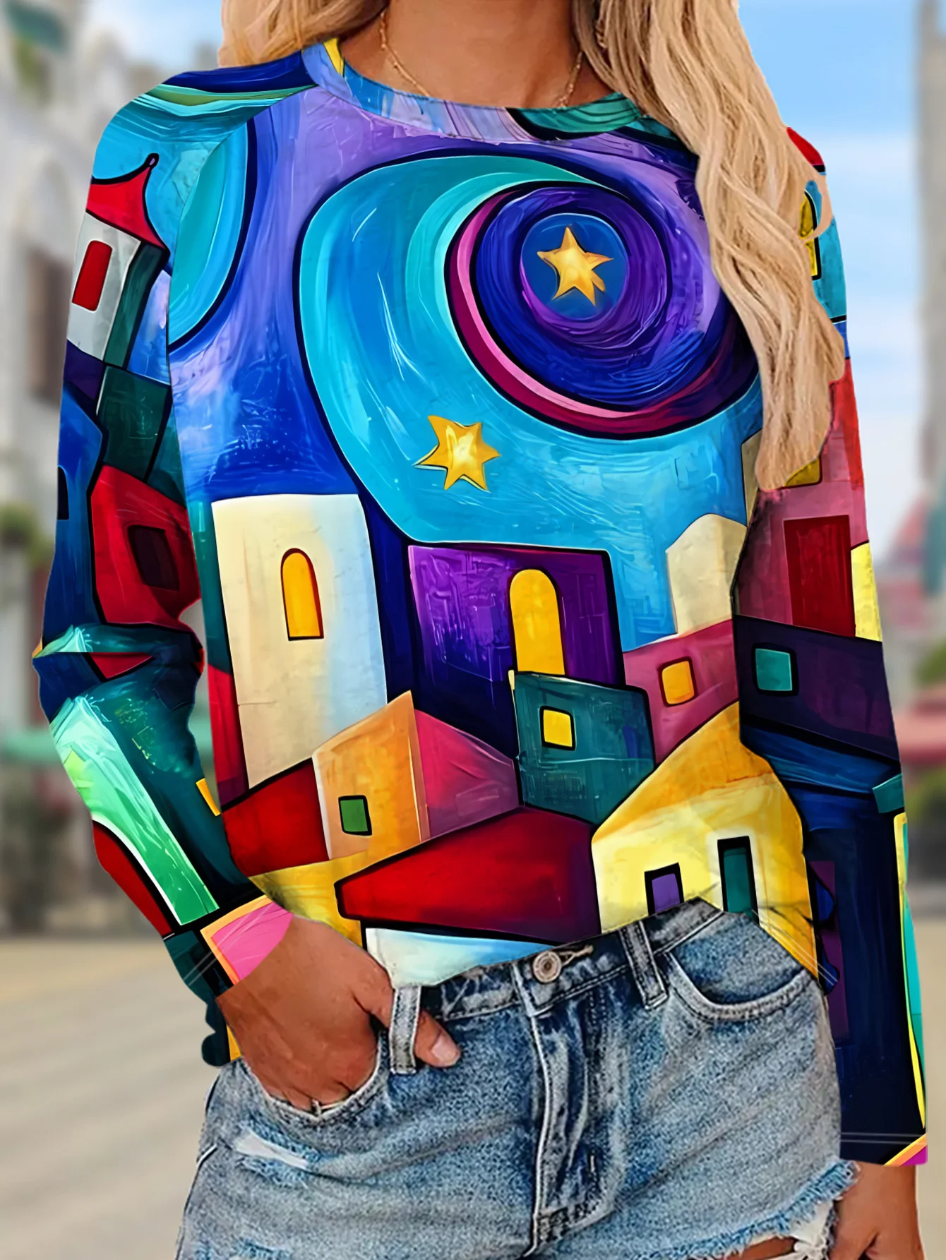 Women Round Neck Long Sleeve T‑shirt Colorful Van Gogh Style Starry Night Town Print Tee Top Casual Daily Autumn Women's Clothes