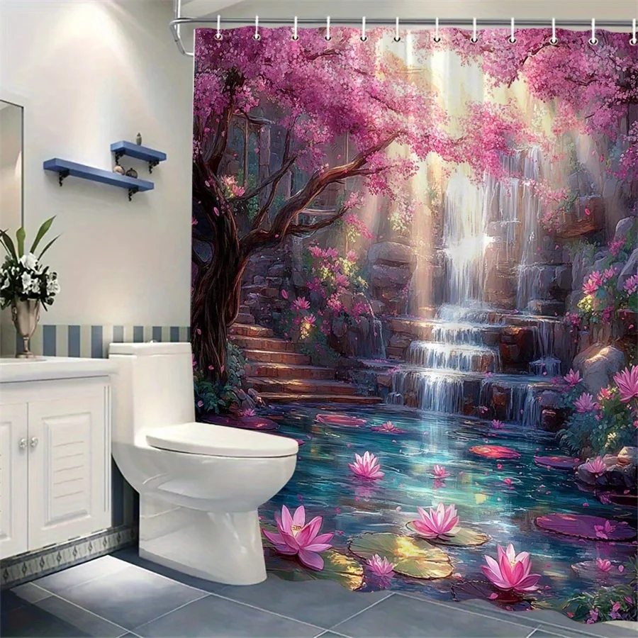 Cherry Blossom Shower Curtain Waterproof Fabric Waterfall Pond Lily Flower Bathroom Curtains Fantasy Forest Decor With Hooks