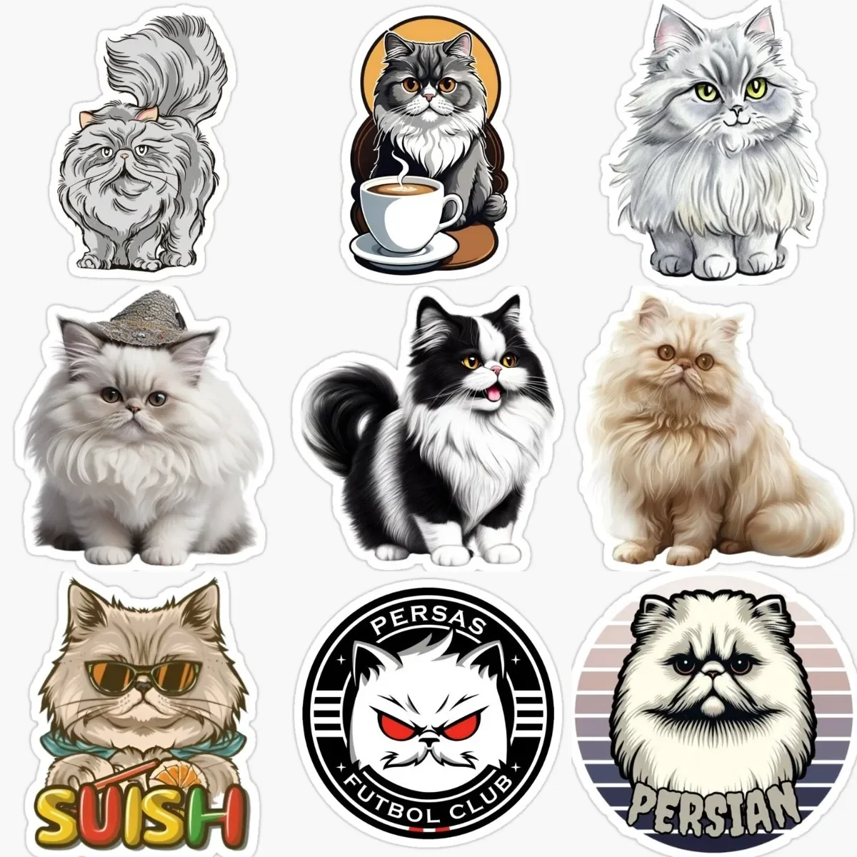

Cute Persian Cat Pets Catoon PVC Waterproof Sticker for Decorate Fridge Table Room Wall Window Car Van Helmet Decal Accessories
