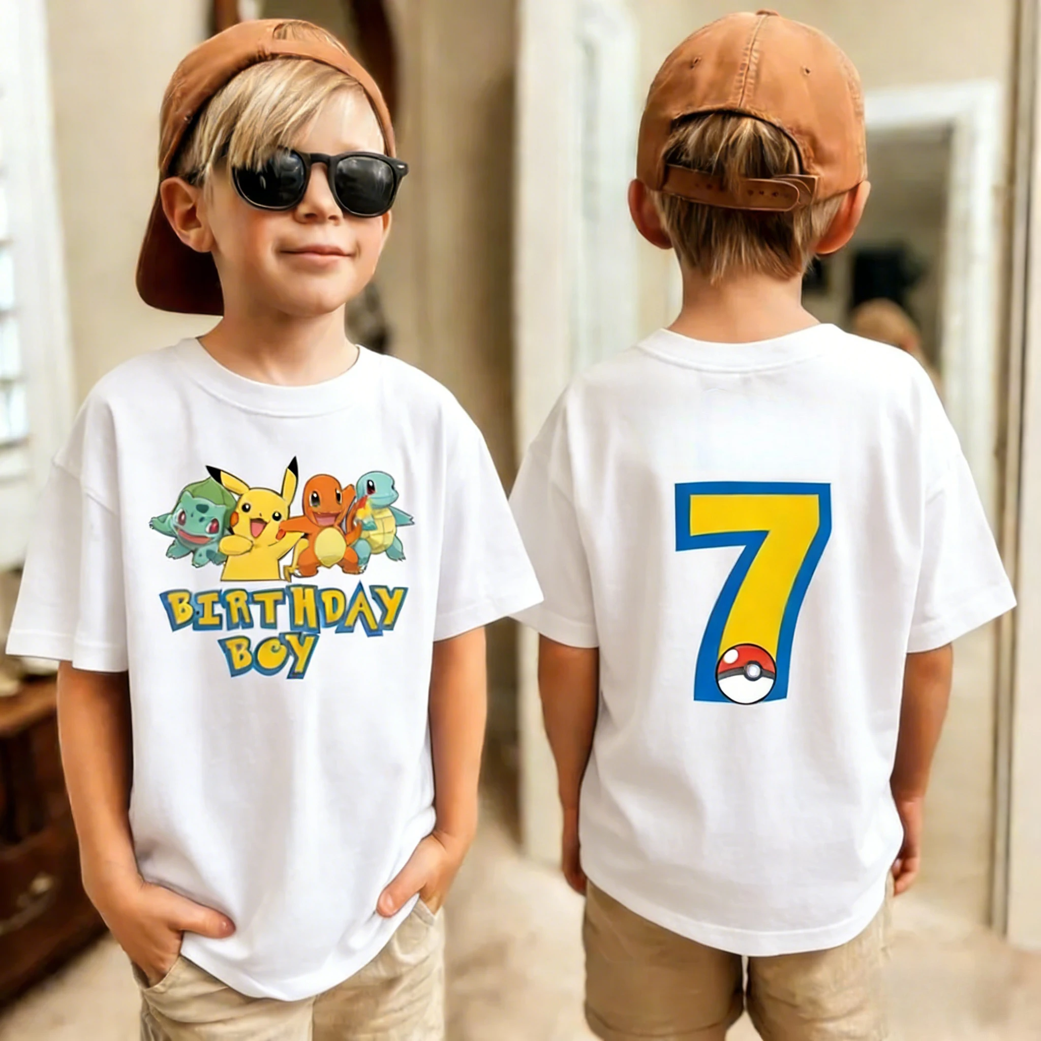 Geburtstags-T-Shirt, süßes Pikachu Pokémon 3-9 bedrucktes T-Shirt, Unisex, Sommer, Y2K, Harajuku, lockere Kurzarm-Eltern-Kind-Kleidung – Detail 14