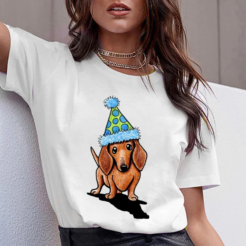 European and American Women's Funny Pattern Dachshund Pug Cute Dog Short-sleeved T-shirt Oversized T Shirt  Tops  Harajuku