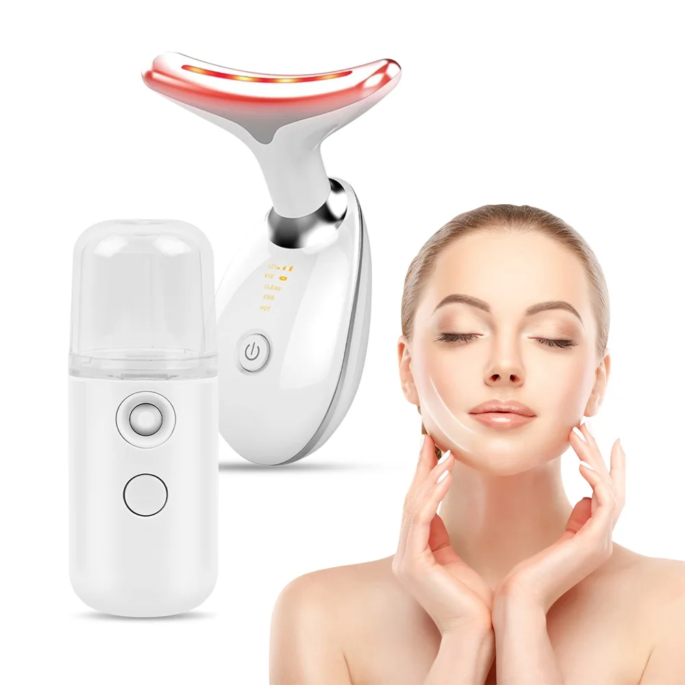 Masajeador Facial EMS, microcorriente Facial, terapia de luz antienvejecimiento, estiramiento de la piel, masajeador de Estiramiento Facial de cuello + Mini vaporizador Facial