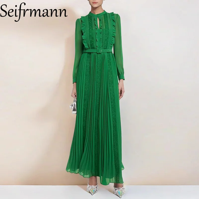 

Seifrmann Solid Long Sleeve Slim Maxi Fungus Dress For Women Lace Splicing Elegant Long Dress Casual Holiday Party Clothes