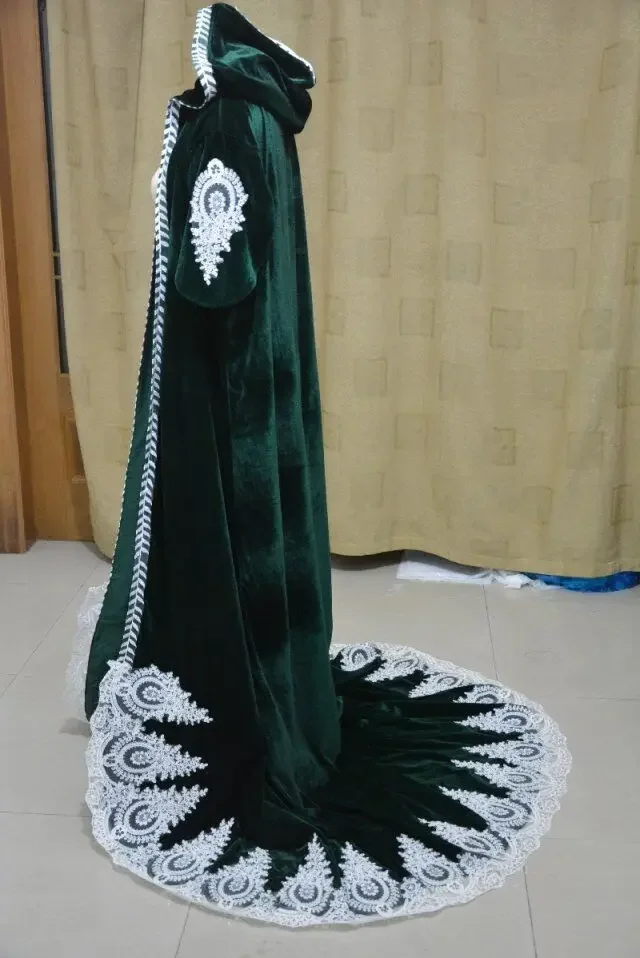 Dunkelgrün Samt hochzeit mantel mit kapuze lange spitze appliques Braut Bolero Cape Wrap hochzeit zubehör Halloween Medieval Ve