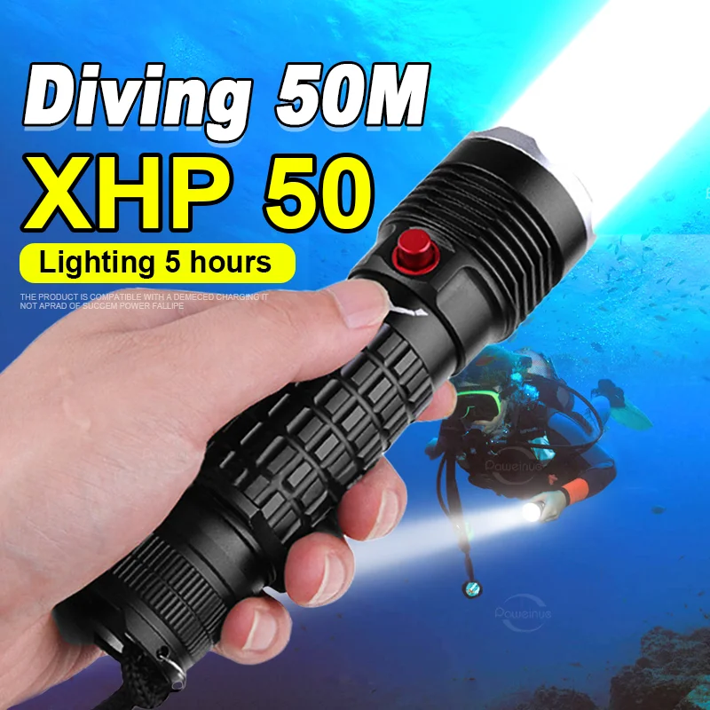 

Powerful LED Dive Lamp Diving Flashlights XHP50 High Power LED Rechargeable Diving Lantern With Hand Rope IPX8 4 Mode Waterproof