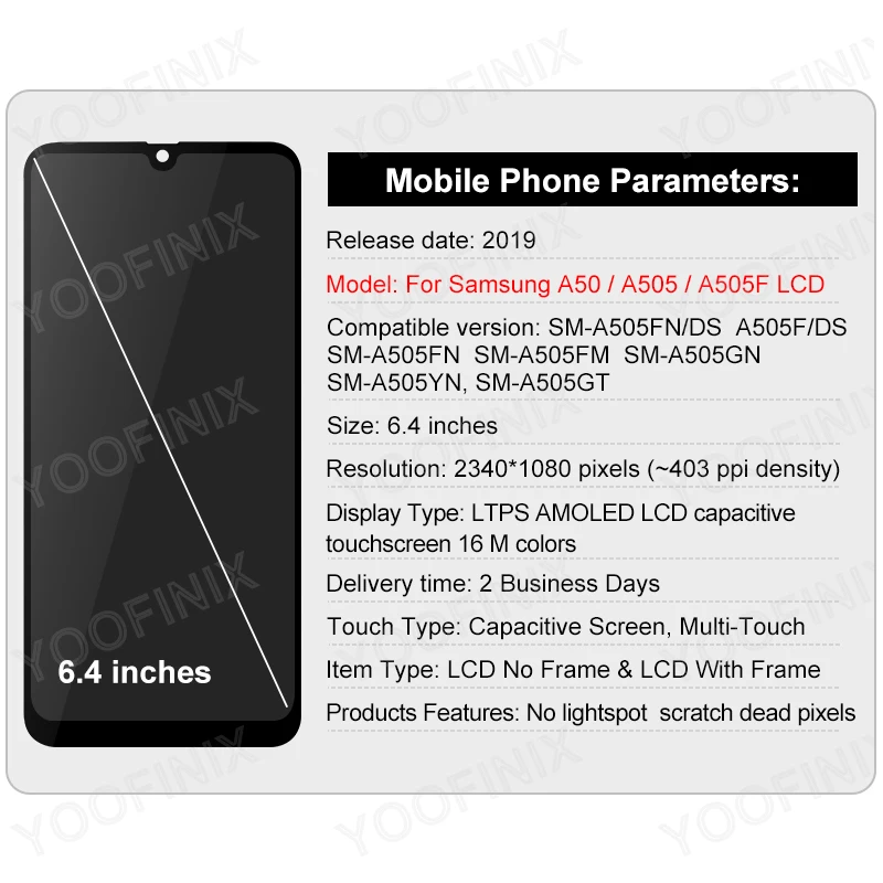 SM-A505F/DS AMOLED For Samsung Galaxy A50 LCD Display Touch Screen For Samsung SM-A505FN/DS SM-A505GT/DS Display Assembly Parts