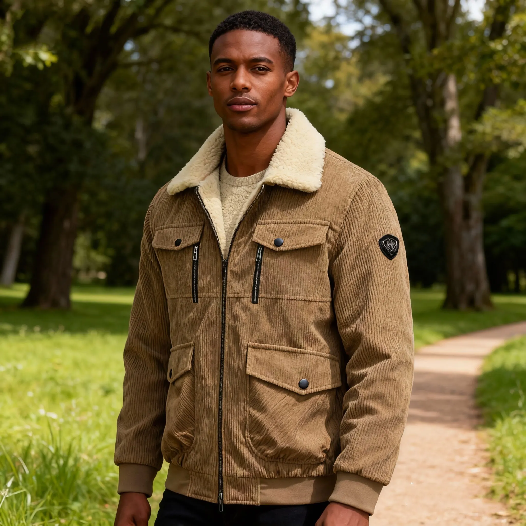 

Men's corduroy jacket with collar and velvet, outdoor warmth, zipper placket, five pockets, snap button