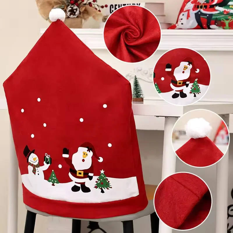 4PCS Christmas Non-Woven Fabric Chair Cover Cartoon Old Man Snowman Stool Cover Big hat Christmas Atmosphere Family Gathering