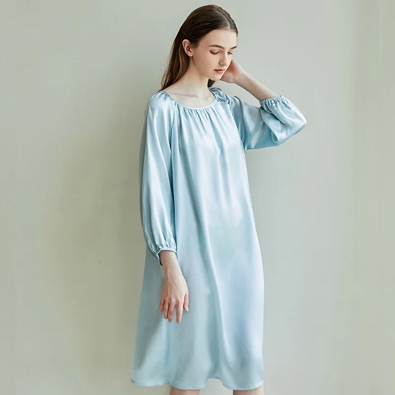 Long Sleeve Pure Silk Night Dress Satin Loose Loungewear Nightgown Plus size Nightwear Mulberry Silk Women Sleepwear Home Dress