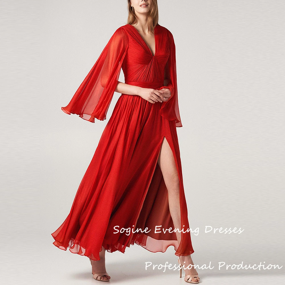 Organza Red A-Line Prom Dresses 2025 V-Neck Ankle-Length Ruched Evening Dress Long فساتين سهرة High Split Платье На Выпускной