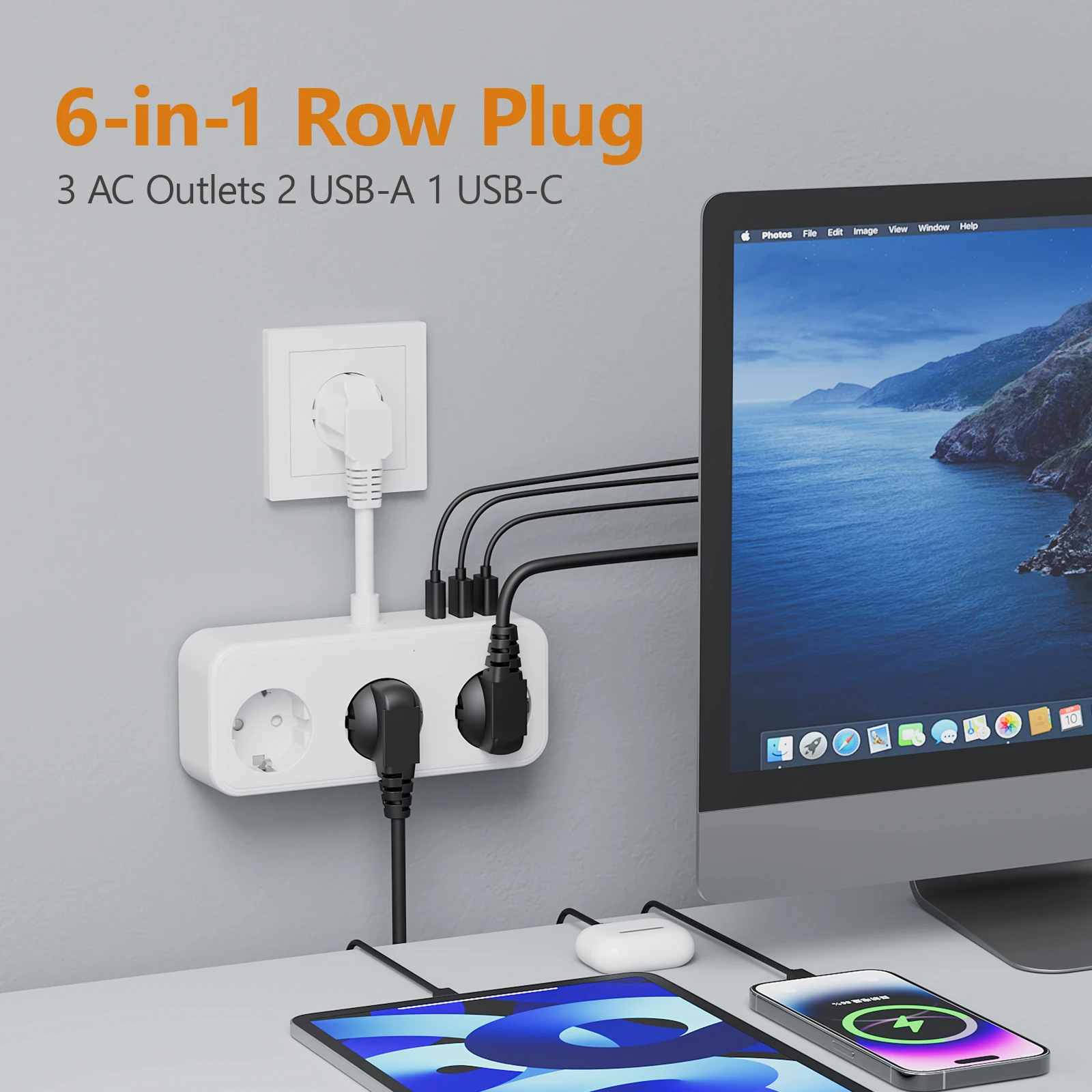 

3840W EU Plug Power Strip with 3 USB A And 3 AC Outlets Fast Charge Electrical Socket Extension Cable Surge Protector For Home