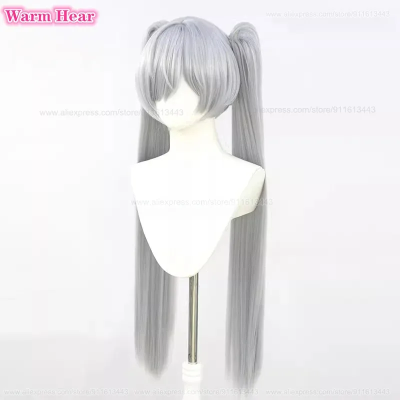 لعبة سندريلا الشعر الاصطناعية 90 سنتيمتر طويل فضي رمادي مزدوج ذيل حصان تأثيري أنيمي شعر مستعار مقاومة للحرارة الشعر هالوين شعر مستعار للحفلات