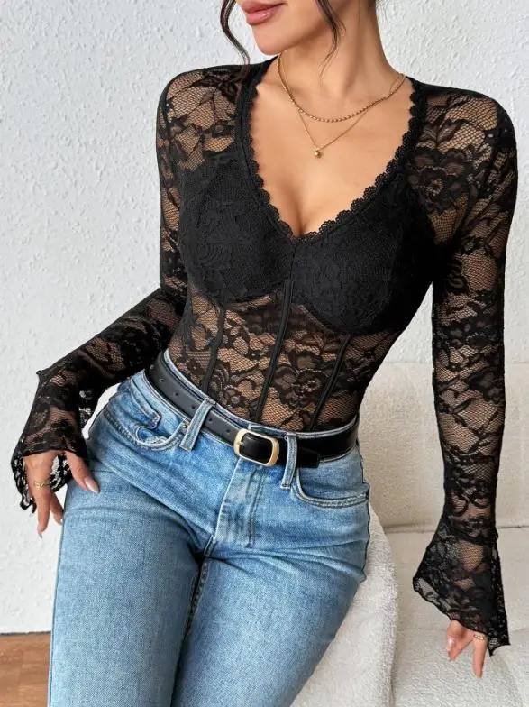 

Bodysuit Women 2026 Spring Summer New Solid Color V-Neck Flare Sleeve Sexy Lace Perspective Slim Fit Versatile Daily Bodysuit