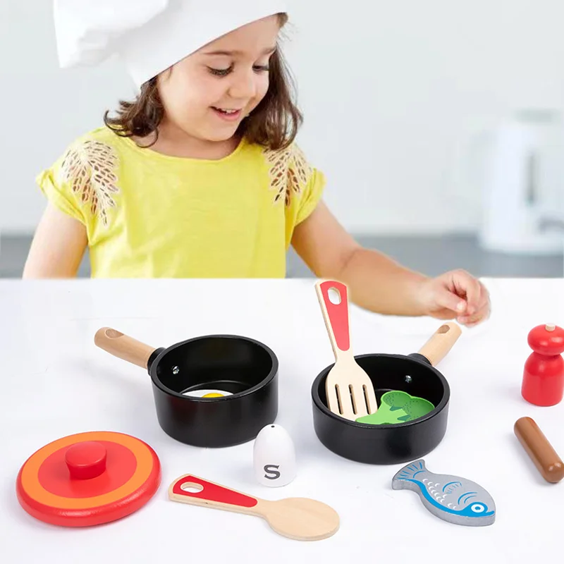 Kids Pretend Play Simulation Kitchen Toys Wooden Cooking Pot Pan Set Imitation Game Tableware Role Play Toy for Girls Children