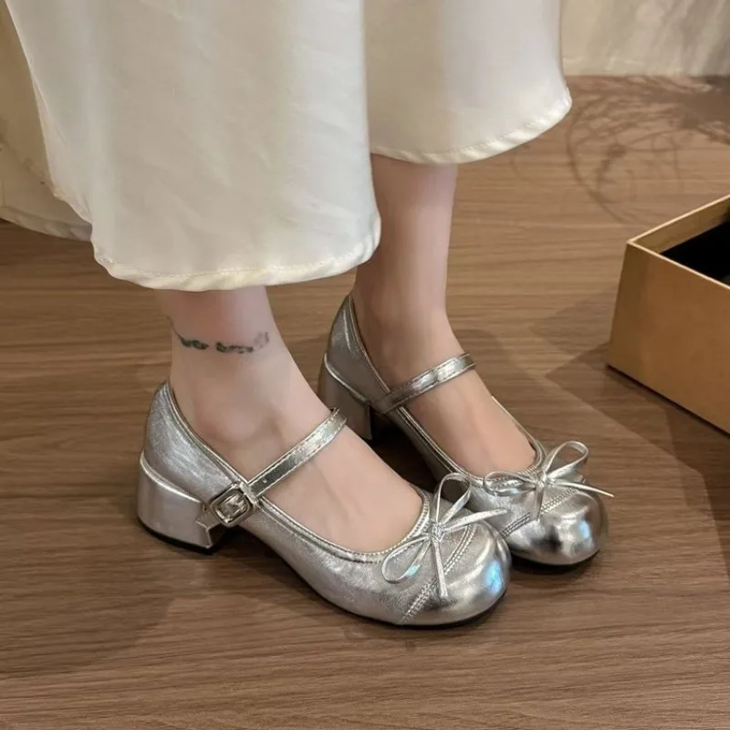 Womens Mary Jane Shoes Round Toe Block Heel Buckle Strap Bow Detail Shallow Mouth Daily Casual Work Office Dress Party Footwear view 2