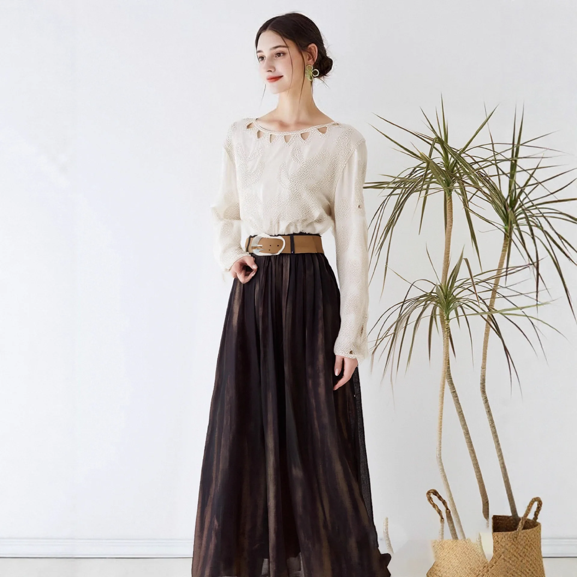 

Women's Plush Printed Long Skirt Autumn Winter Fashion Versatile Belted Midi Dress Casual A-Line Loose Petticoat