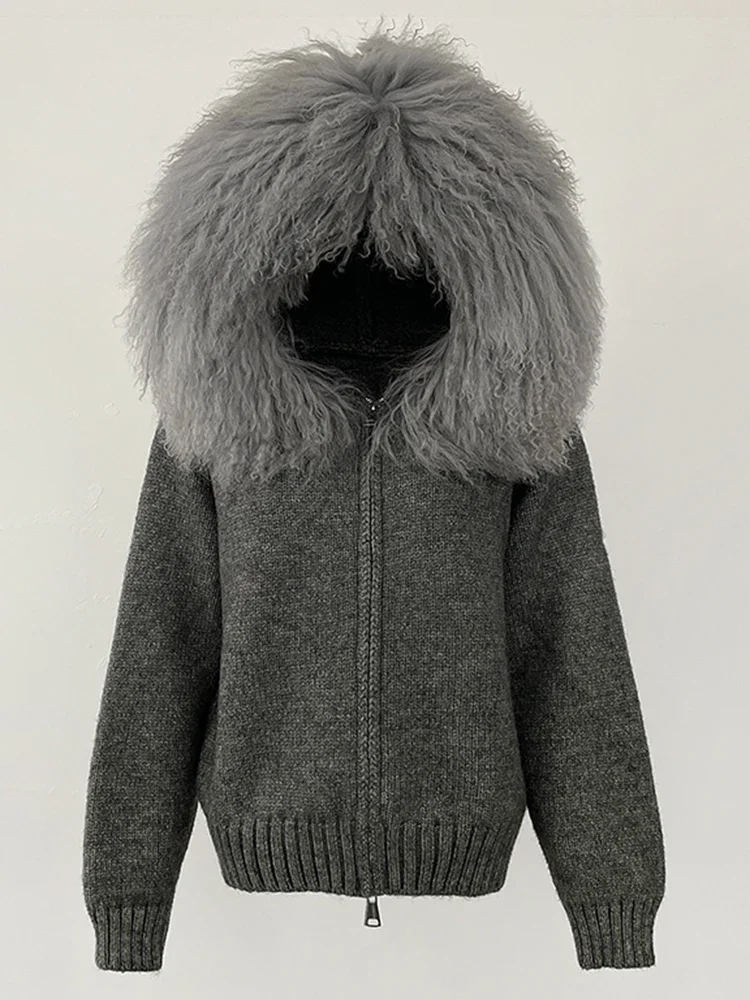 2025 New Winter Knitted Cardigan Women Hooded Mongolia Sheep Fur Sweater Female Fashion Traffic Knitting Clothing Lady