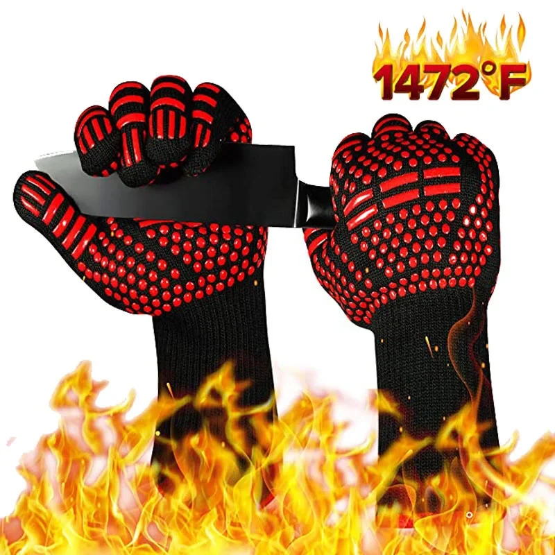 1472 ° F Guantes de cocina resistentes al calor, guantes antideslizantes para barbacoa, guantes de horno ignífugos de 800 grados para hornear barbacoa, guantes para asar