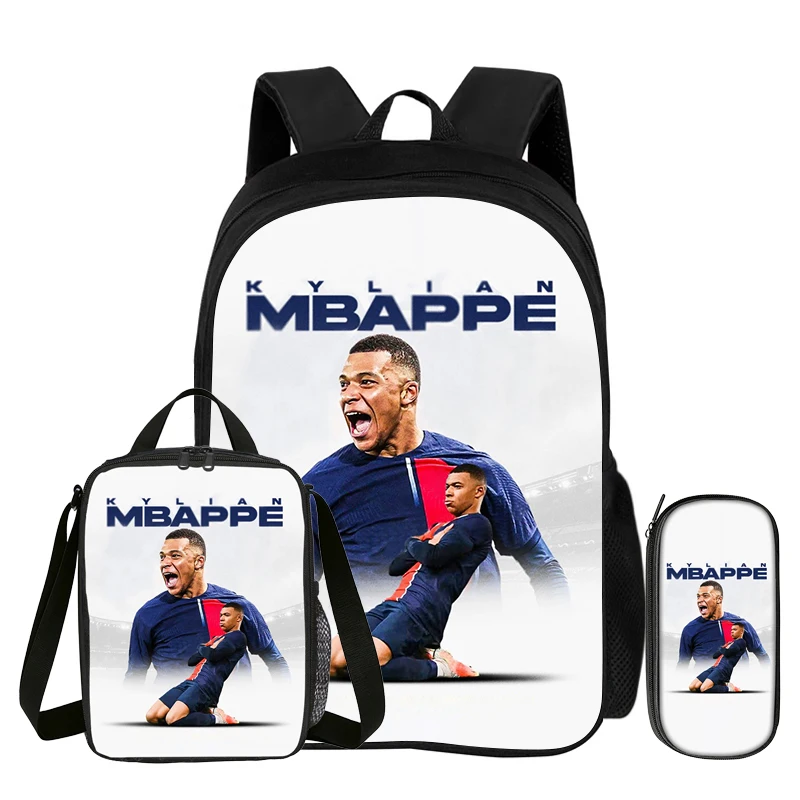 Football Sport Backpack M-Mbappe 3Pcs Set School Backpack Learn, Travel Pencil Bags, Lunch bag, Football Star Bookbag