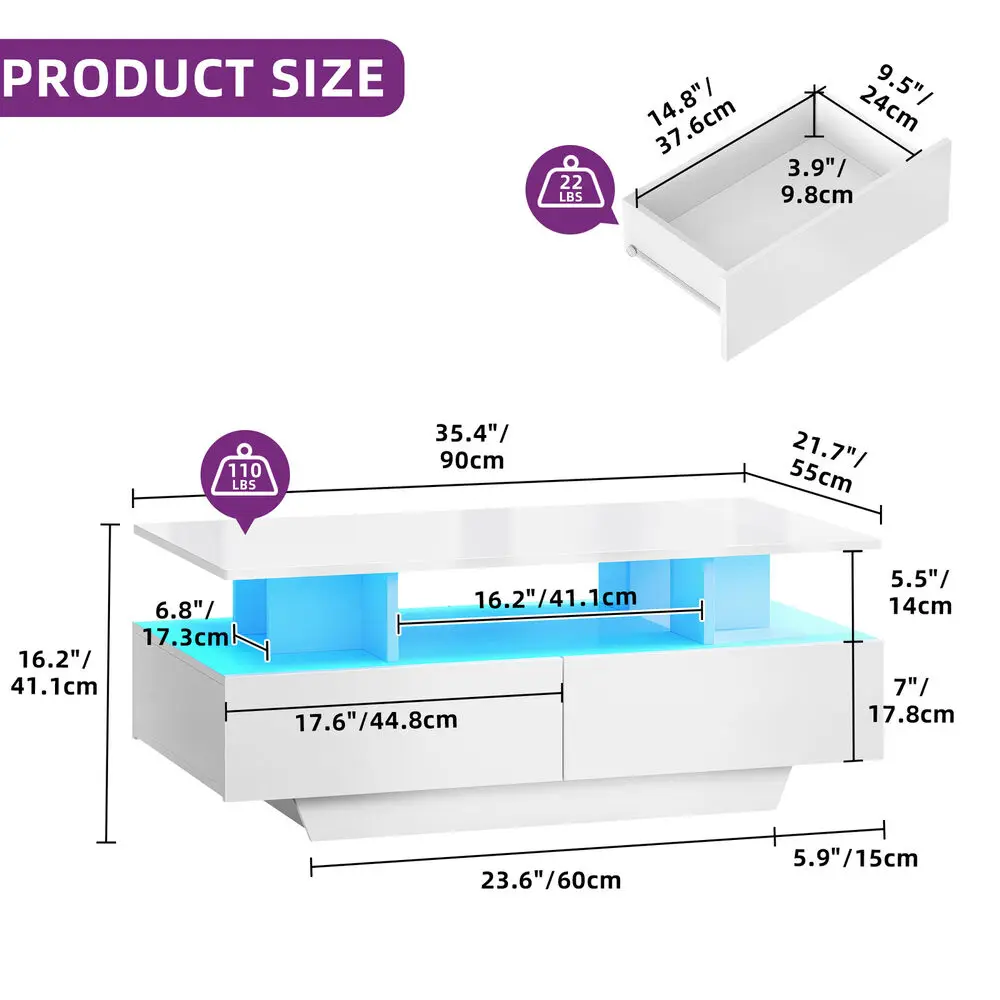 Weißer Hochglanz-Couchtisch mit LED-Licht und 4 Schubladen für das Wohnzimmer