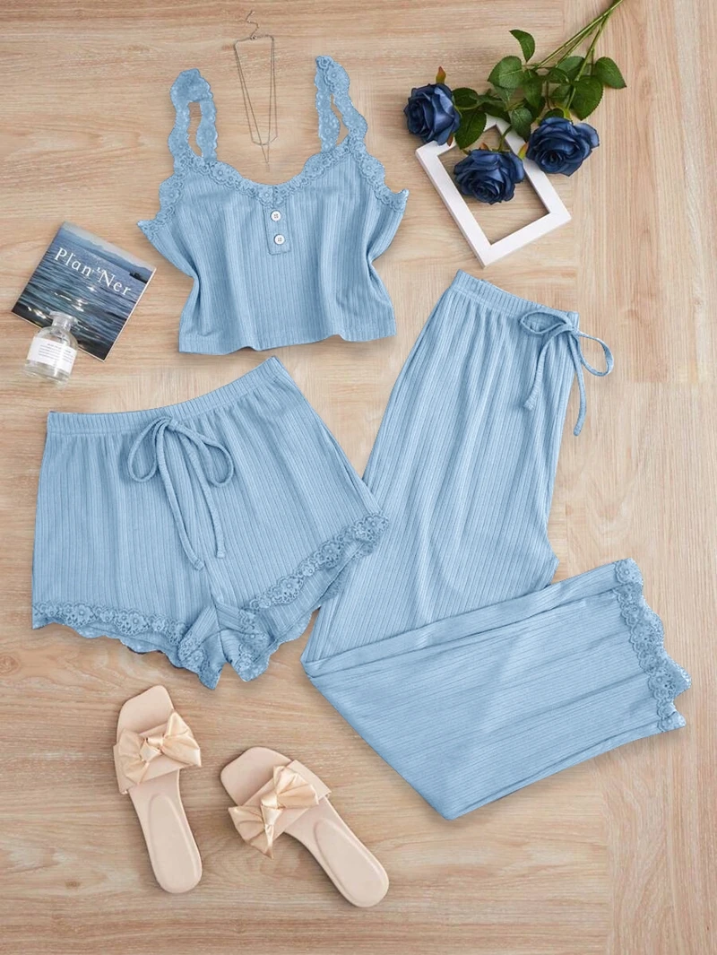 

Women Pajamas 3pcs Set Sleeveless Vest Knot Decor Front Shorts Trousers for Women Comfort Soft Loungewear Sleepwear Pijamas
