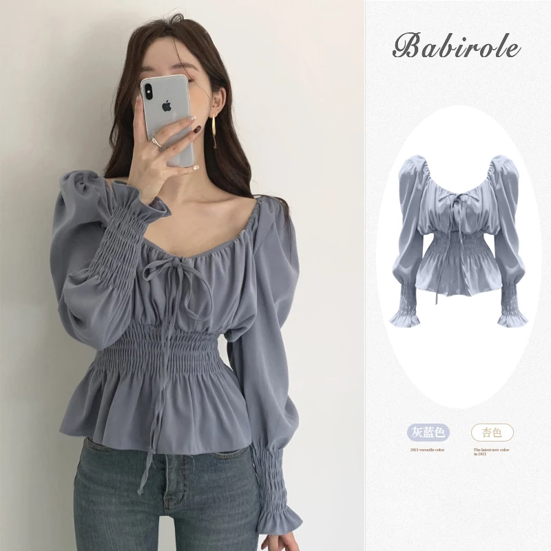 

French Style Retro Square Collar Puff sleeve Top Waist-Controlled Slimming Long Elegant Collarbone Gentle Blue Shirt for