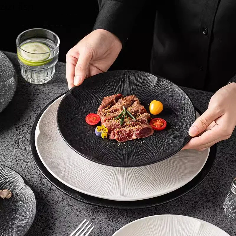 

Ceramic Plate Steak Plate Pasta Dish Serving Plate Dessert Sushi Dish Matte Striped Shallow Plates Molecular Cuisine Tableware