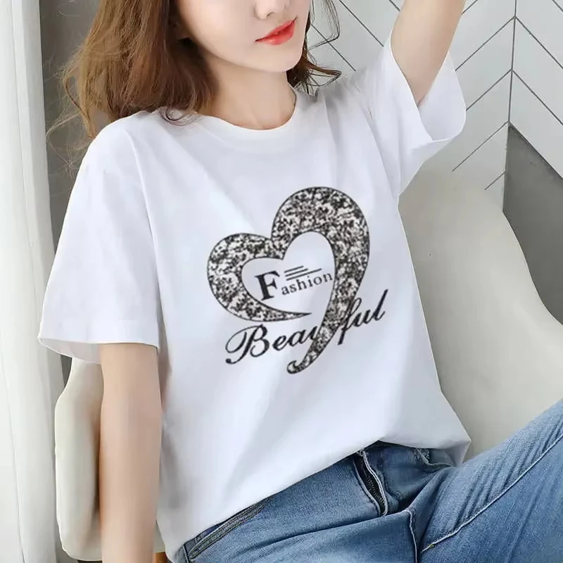 

Loose version women's T-shirt round neck short-sleeved sports and leisure large size printed letters casual versatile white top