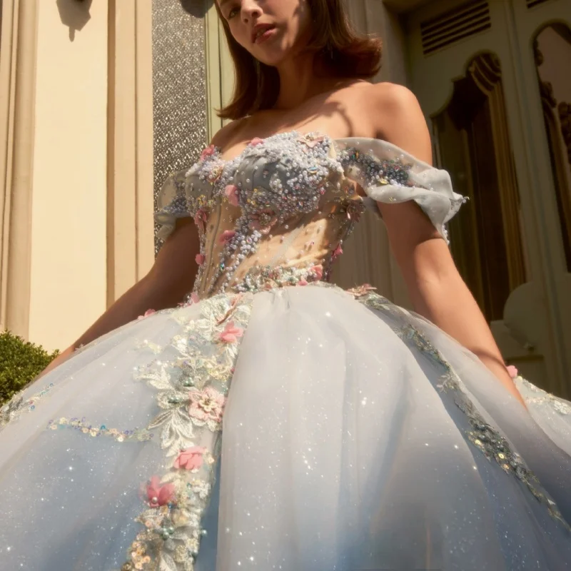 

Shiny aqua blue Quinceanera Dress glitter pearl Decal 3D flower layering Long tail Bow Vestidos De 15 Quinceanera ﻿Customize