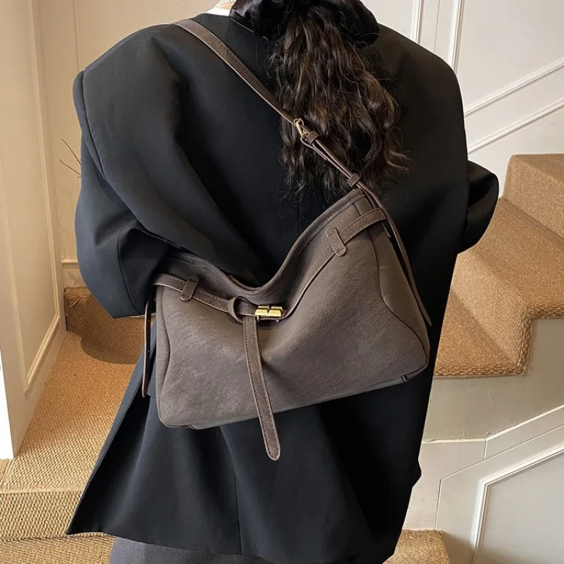 حقيبة يد من جلد الغزال لخريف وشتاء 2025، محفظة كتف نسائية أنيقة على طراز كسول، مقبض علوي متعدد الاستخدامات، يوم بسيط #3