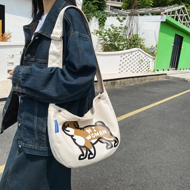 Japanese-style puppy print double-sided canvas bag, unisex trendy casual crossbody messenger bag, large-capacity tote bag for st