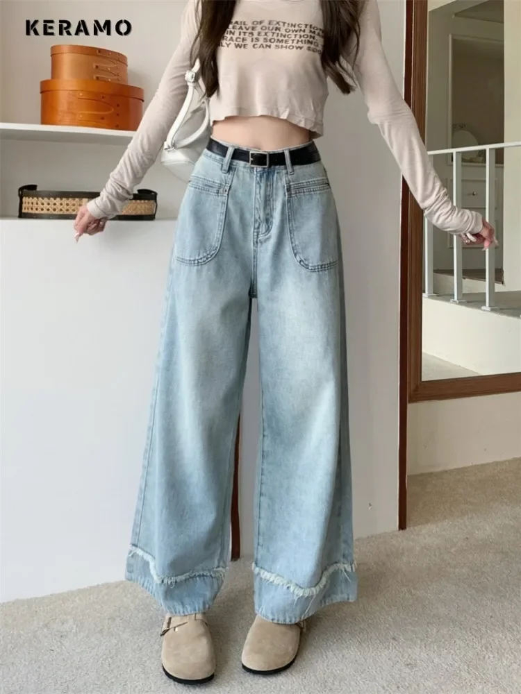 2024 Autumn Women's Casual Hotsweet Blue Jeans Vintage Tassels Emo Loose Washed Pants Y2K Wide Leg Punk Baggy Denim Trouser