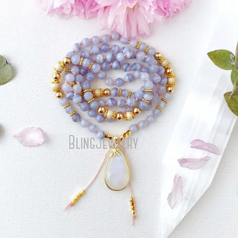 MN34596 Transformative Moonstone Guru Blue Lace Agate And Riverstone Mala Beads Crown Chakra  Necklace