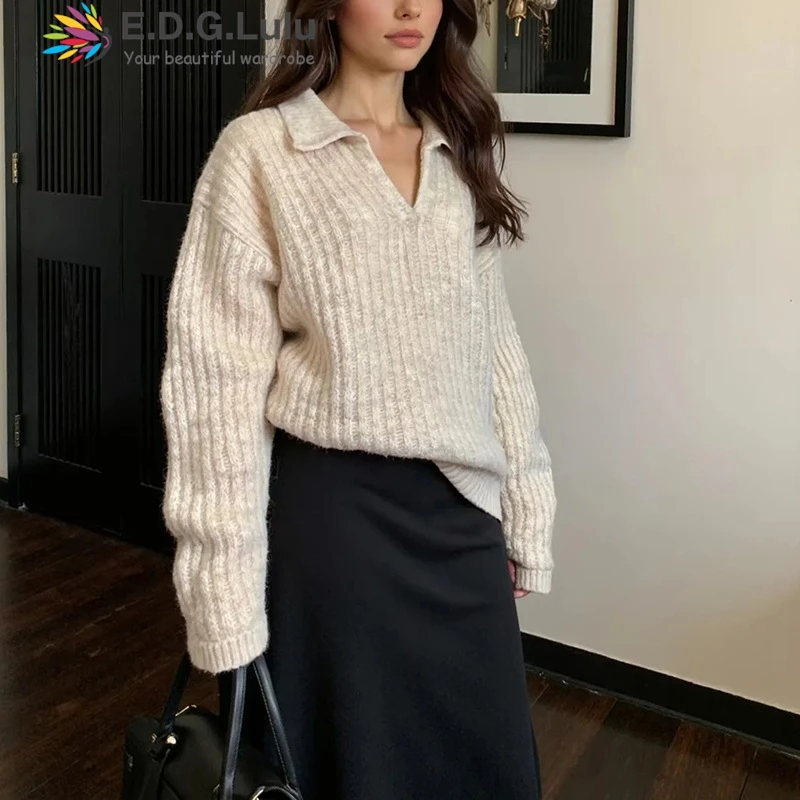 

EDGLuLu 2025 Autumn New Arrival Loose Lazy Solid Color Knit Sweater Korean Elegant turn-down collar Pullover knitted sweater0915