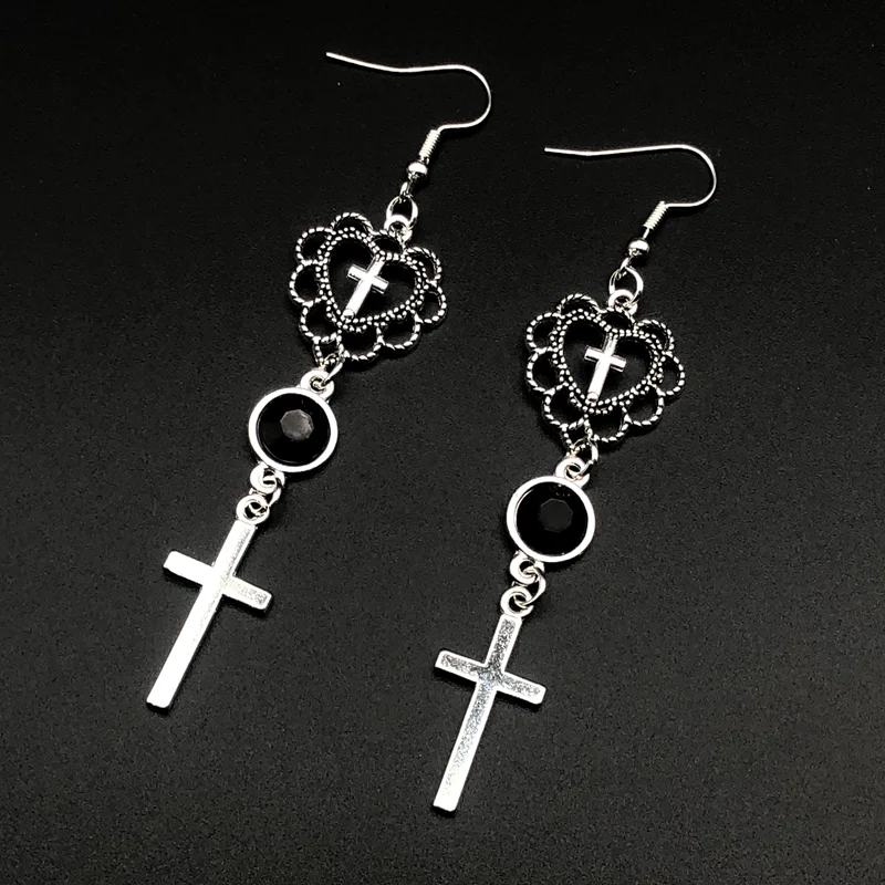

Goth Aesthetic Punk Style Hollow Heart Cross Pendant Earrings Religion Dark Art Fairy Grunge Alt Accessories for Women