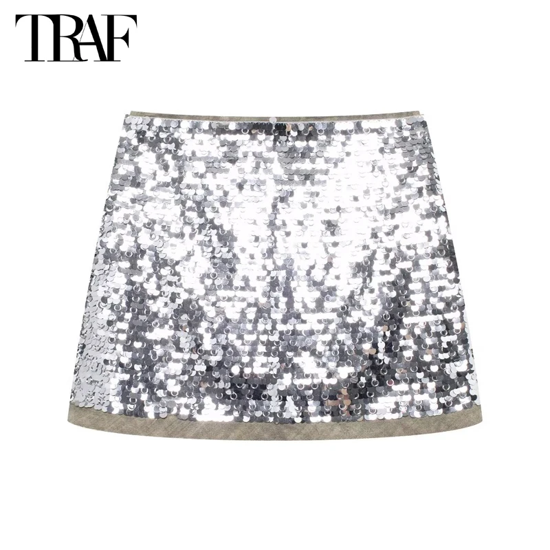 TRAF Sequin Mini Skirts for Woman Glitter High Waist Skirt Women 2024 Luxury Summer Women's Skirt Fashion Short Skirt for Women