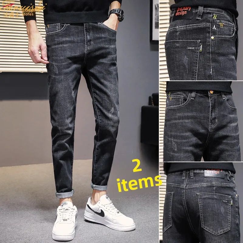 

Black Slim Fit Men's Jeans Trendy Brand Autumn Winter Spring Style mid Waist Zipper Closure Long Pants Youth Popular Style