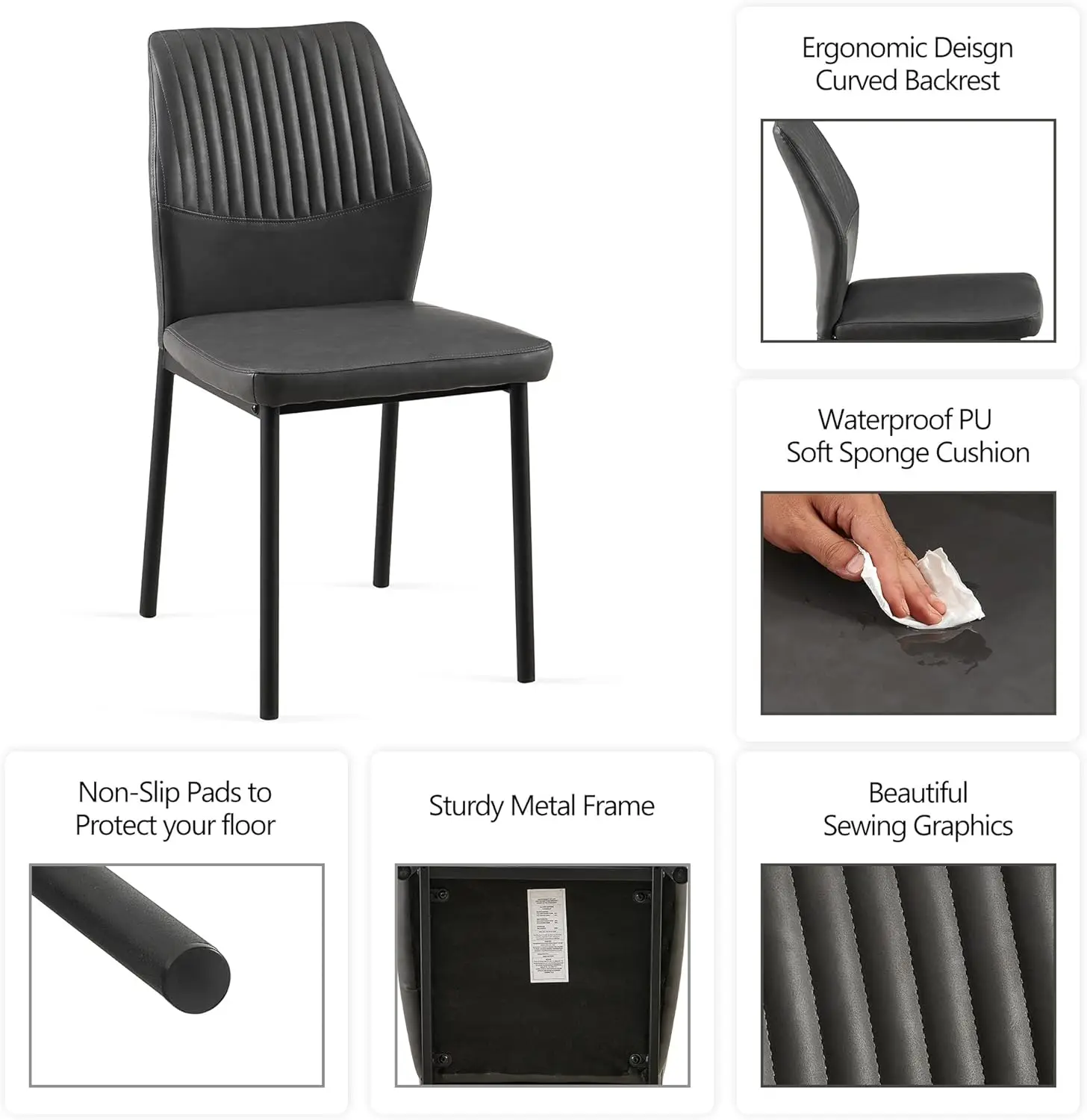 Dining Chairs Set Of 4, Modern Mid- Kitchen Chairs Upholstered Leather Pu Grey Living Room Chairs Comfortable, Metal Legs