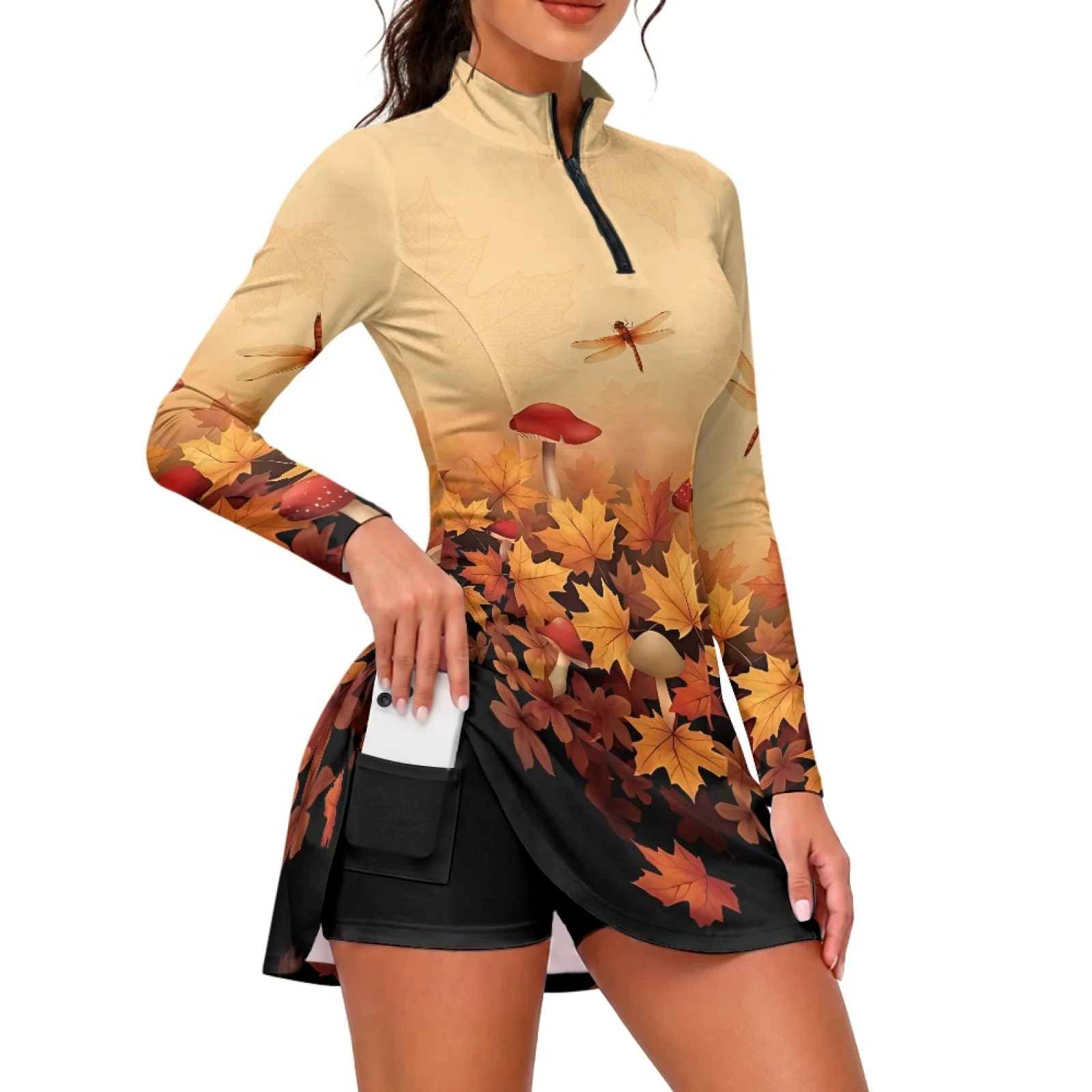PENSTROLL Maple Leaf Mushroom Golf Apparel 2 Pieces Set Golf Tennis Dress Zip Up Romper Dress for Beach Vacation Workout