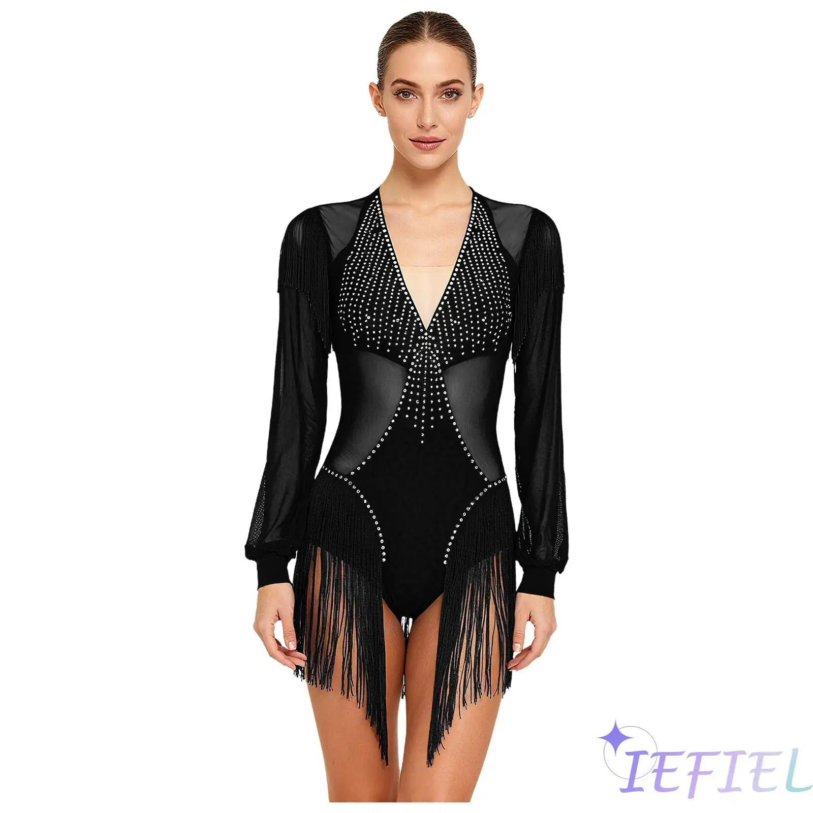 

Womens Tango Latin Dance Bodysuit Sheer Mesh Shiny Rhinestones Chacha Rumba Salsa Leotard Long Sleeve Ballet Latin Jumpsuit