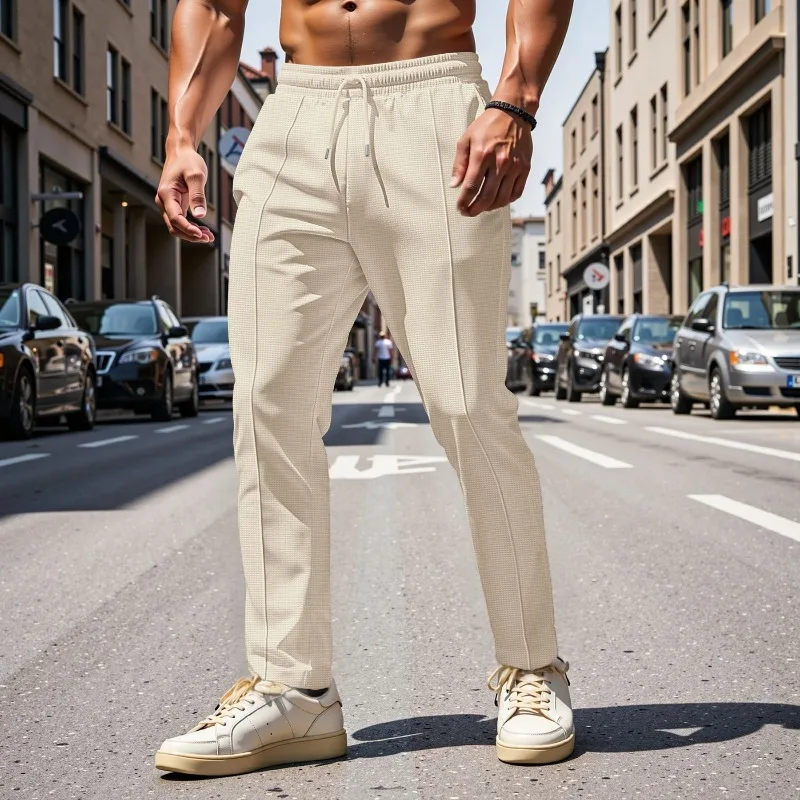 

Four Seasons New Men's Waffle Style European and American Export Drawstring Sports Casual Fashion Comfort Long Pants for Men