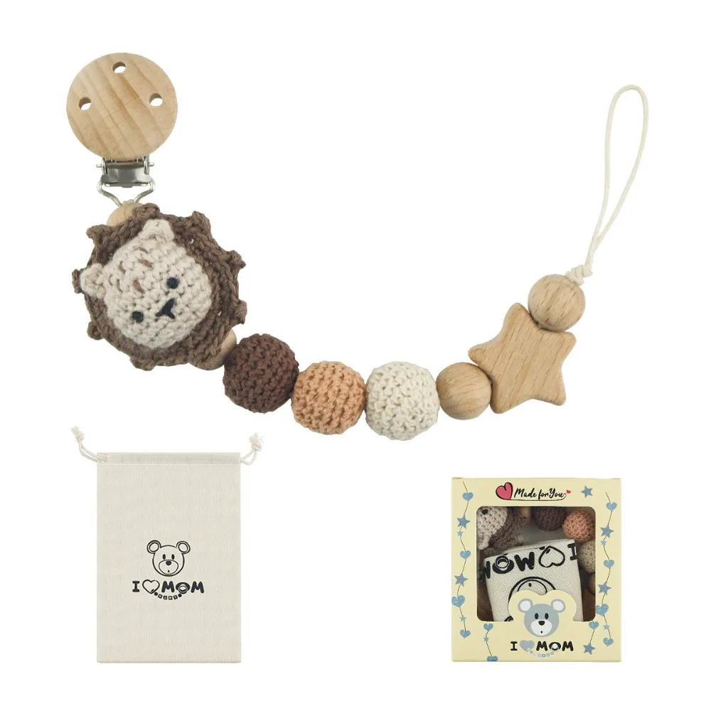 Baby Houten Fopspeen Clip Hout Gehaakt Cartoon Tandjes Fopspeen Ketting Voor Bpa Vrije Verpleging Kauw Speelgoed Baby Dummy Houder Ketting
