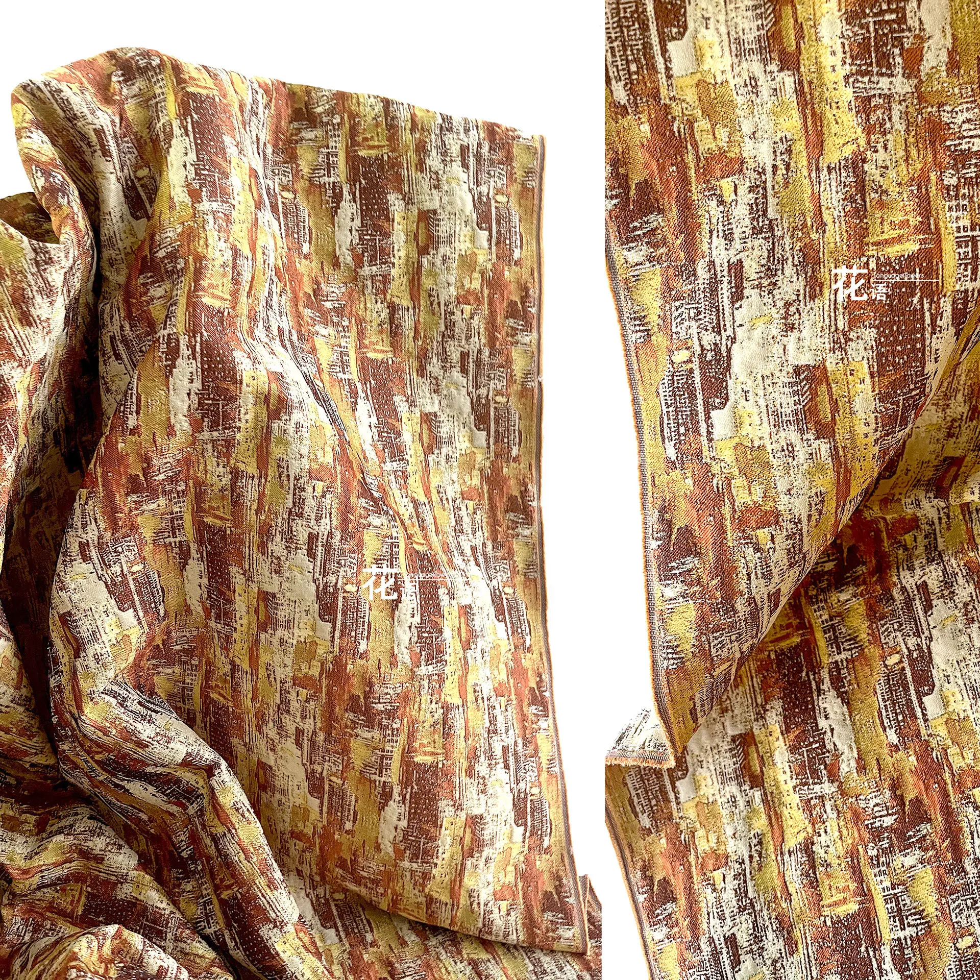Orange Yellow Painterly Jacquard Designer Fabric Vintage Texture for Coats, Art, Dressmaking and Custom Garment Projects