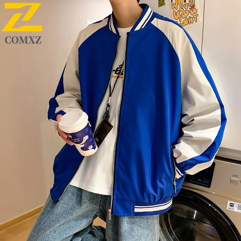 

COMXZ 2025 весенне-осенняя новая куртка большого размера, мужская вязаная лоскутная куртка больших размеров, свободная посадка, трендовая мужская модная легкая ветровка