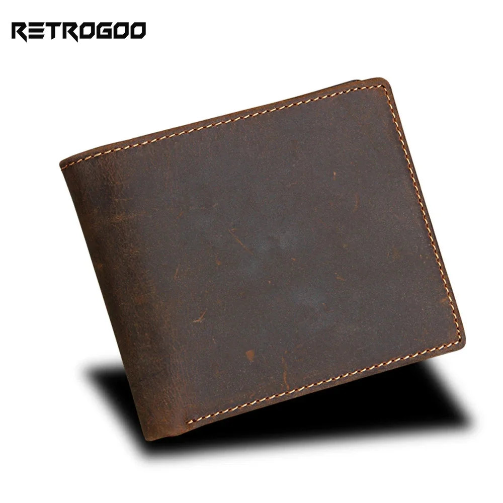 

RETROGOO 100% Genuine Leather Vintage Men Short Wallet Male Retro Purse Crazy Horse Handmade Business ID Card Small Money Bag